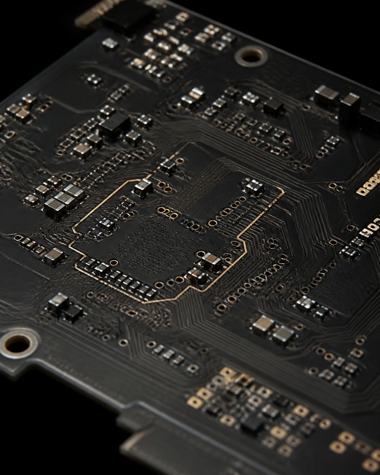 Placa electrónica con pistas doradas y componentes de montaje superficial